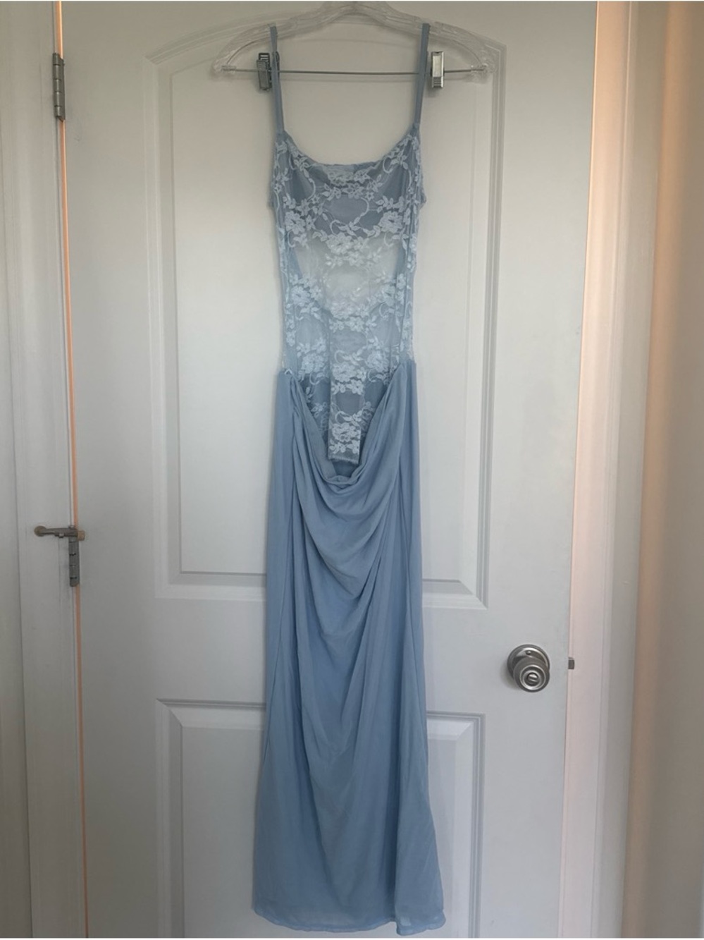 SHEIN Baby Blue Lace Mesh Cowl Neck Draped Maxi Dress